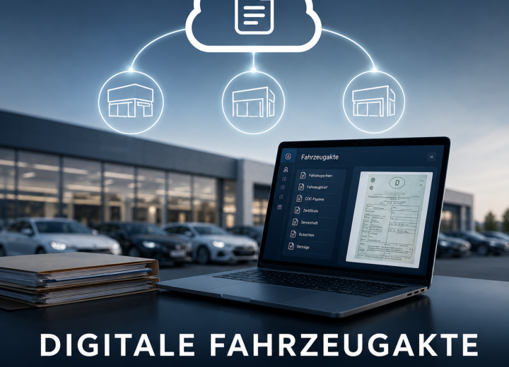 Uebersicht digitale Fahrzeugakte mit Microsoft 365 Single Sign-On und drei Standorten