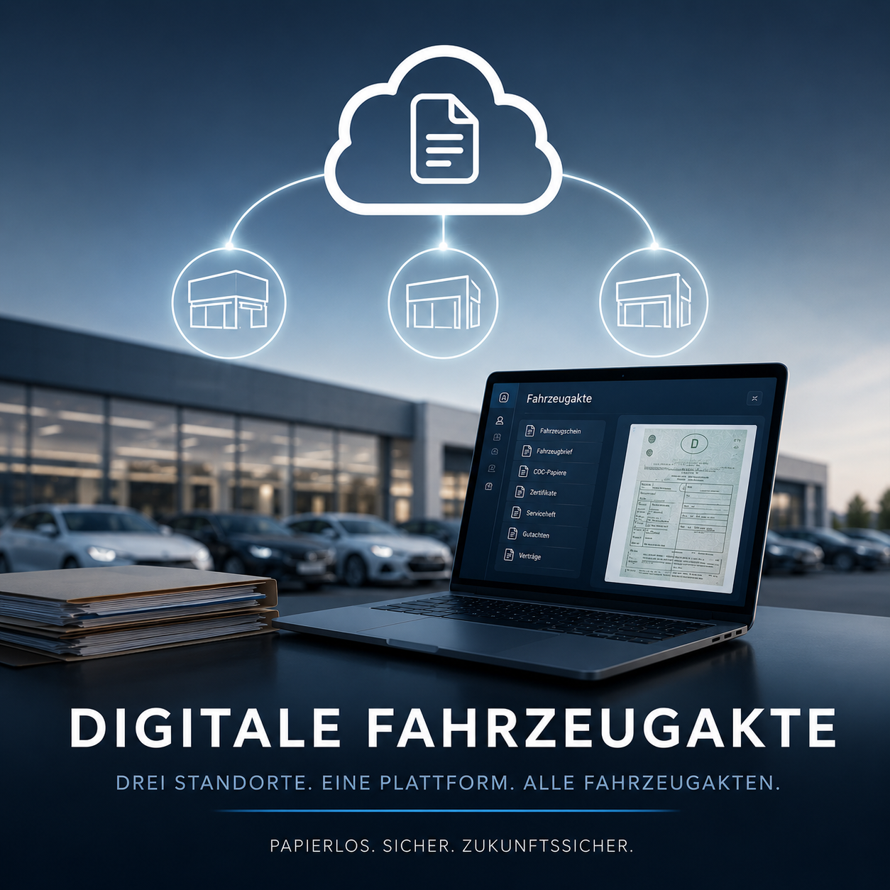 Uebersicht digitale Fahrzeugakte mit Microsoft 365 Single Sign-On und drei Standorten